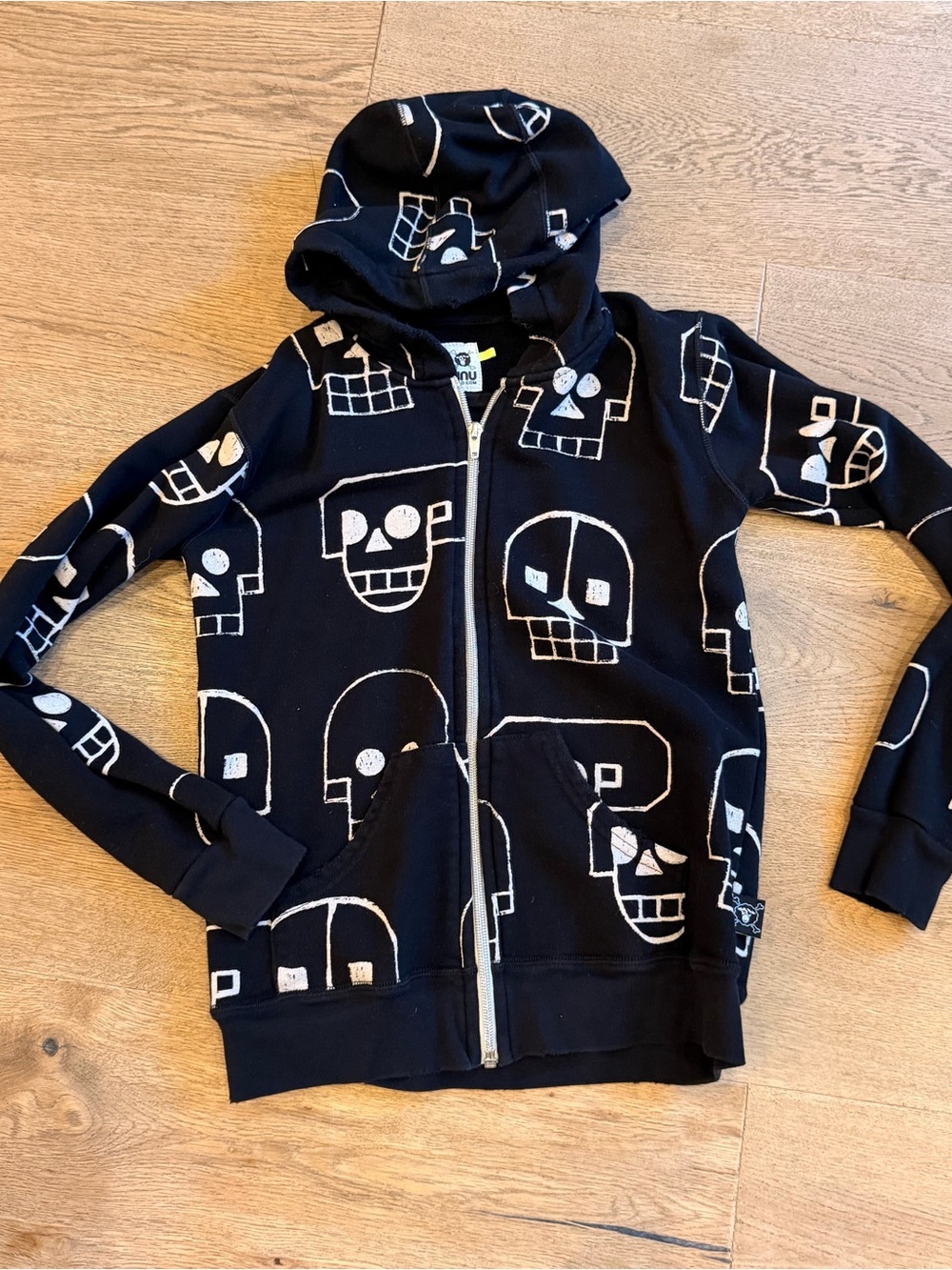 nununu Black Zip Hoodie with White Skull Print